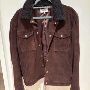 Reiss Dark Brown Suede Jacket with Black Shearling Collar